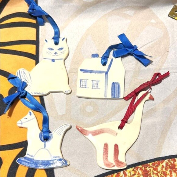 Charming Porcelain Animal and House Ornaments - Blue and Red Accents - Picture 1 of 11